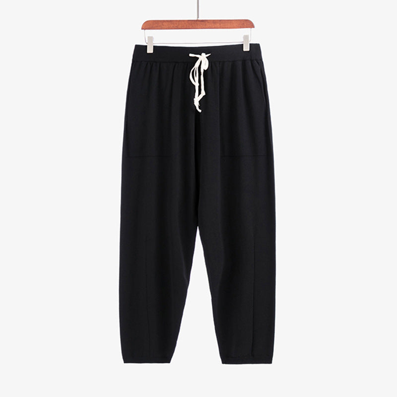 大码女装高腰直筒抽绳裤子2021秋新款胖mm宽松显瘦针织裤女20138